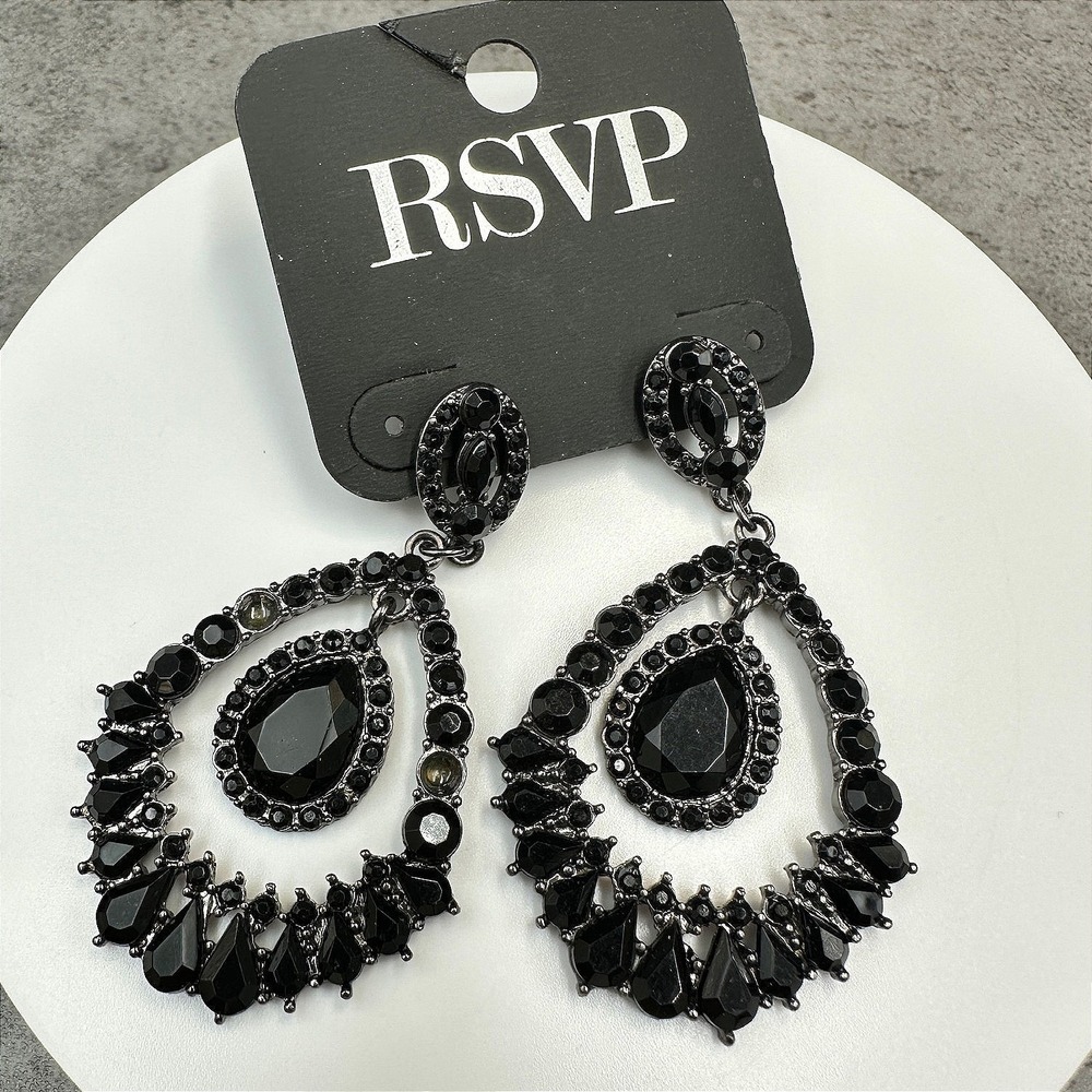 RSVP Black Rhinestone Gunmetal Statement Chandelier Drop Earrings‎